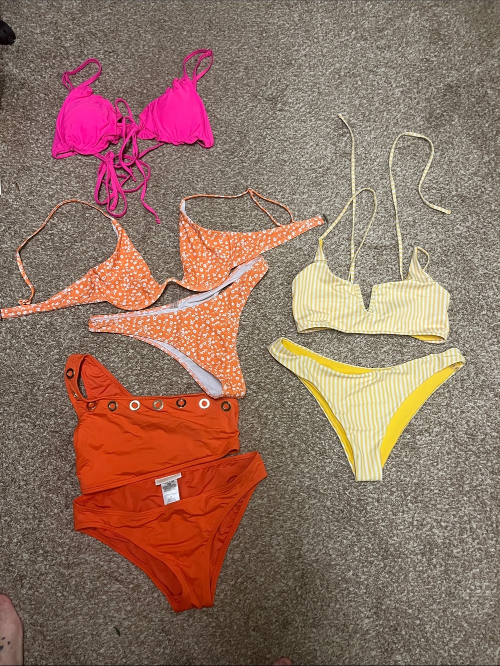 Mixed Bikini Lot - Hot Pink, Orange Floral, Rust Orange & Yellow Stripe
